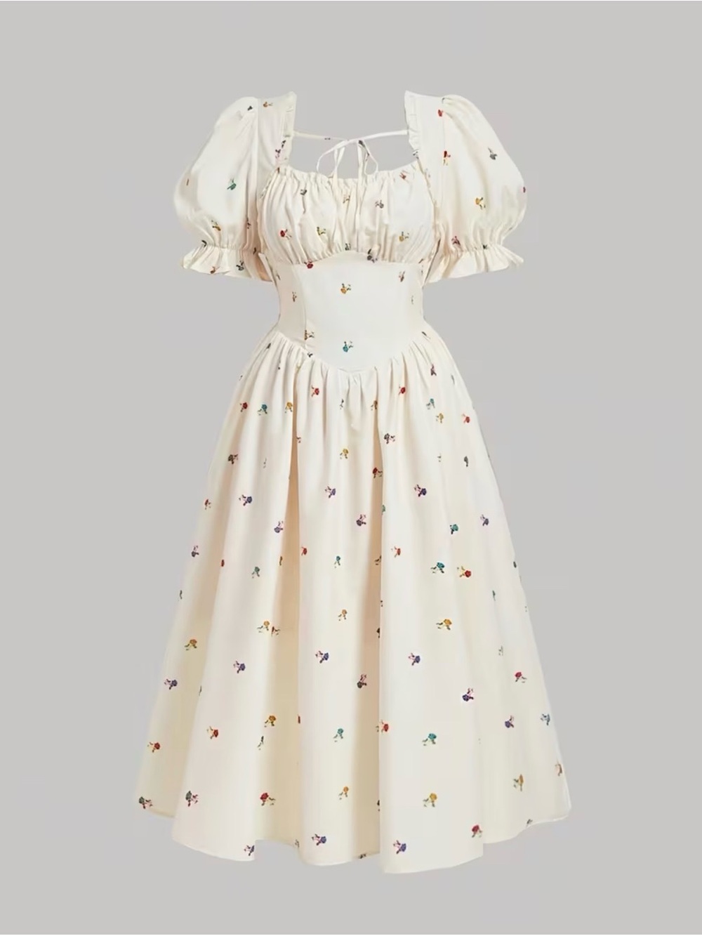 Cream Puff Sleeve Midi Dress with Floral Embroidery 2XL